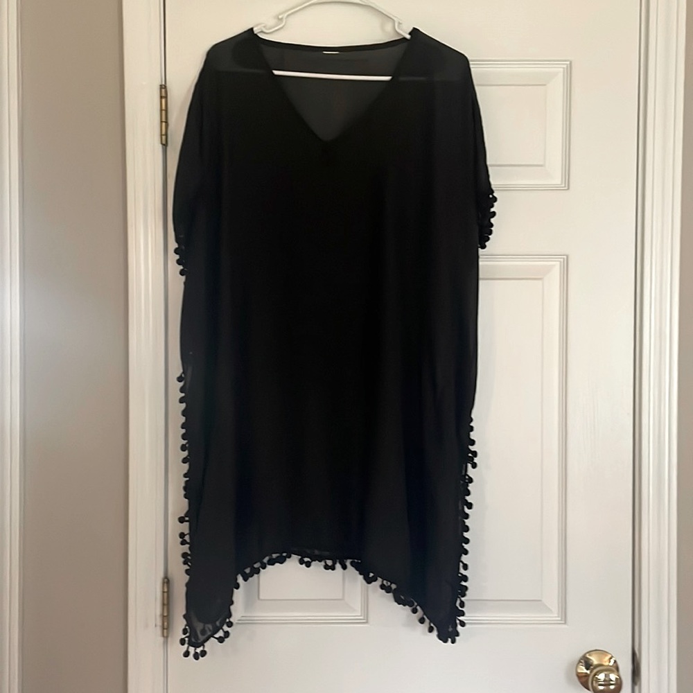 Black Sheer Pom Pom Bathing Suit Cover Up Size M/L